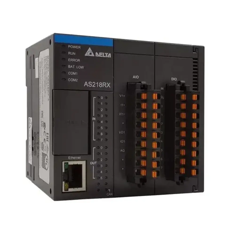 DELTA CONTROLADOR PLC SERIE AS200, TENSIÓN DE ENTRADA: 24VDC, 8 ENTRADAS DIG, 6 SALIDAS RELÉ, 2 ENTRADAS ANALÓG., 2 SALIDAS ANALÓG, RS485 X 2, ETHERNET